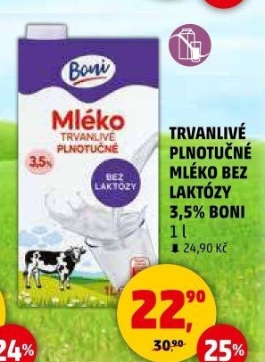 Mléko trvanlivé bez laktózy - 3,5% plnotučné Boni