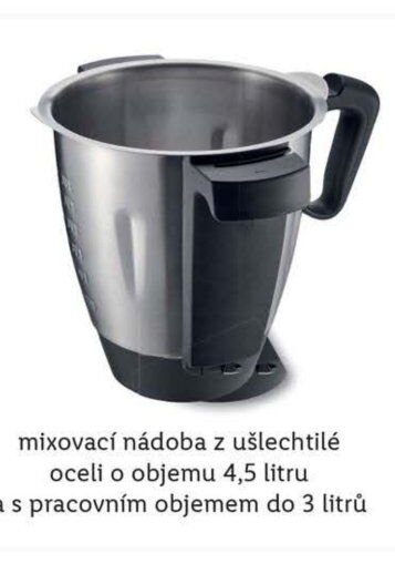 mixovací nádoba z ušlechtilé oceli o objemu 4,5 litru a s pracovním objemem do 3 litrů