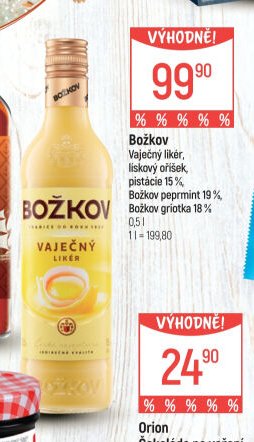Božkov Vaječný liker, lískový oříšek, pistácie, peprmint, griotka