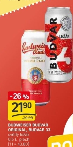 Pivo světlý ležák Original Budweiser Budvar