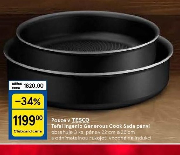 Tefal Ingenio Generous Cook Sada pánví obsahuje 3 ks, pánev 22 cm a 26 cm a odnímatelnou rukojeť, vhodná na indukci