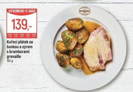Kuřecí plátek se šunkou a sýrem s bramborami grenaille
