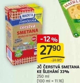 Smetana čerstvá ke šlehání Jihočeská Madeta 33%