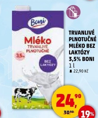 Mléko trvanlivé bez laktózy - 3,5% plnotučné Boni