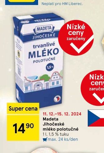 Madeta Jihočeské trvanlivé mléko polotučné 1,5% 1 l