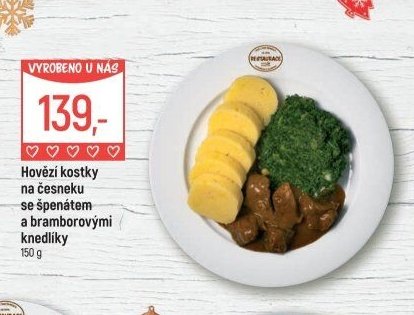 Hovězí kostky na česneku se špenátem a bramborovými knedlíky