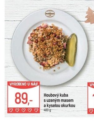 Houbový kuba s uzeným masem a kyselou okurkou
