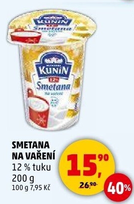 Smetana na vaření Mlékárna Kunín 12%
