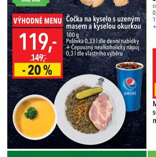 Čočka na kyselo s uzeným masem a kyselou okurkou