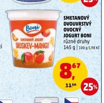 SMETANOVÝ DVOUVRSTVÝ OVOCNÝ JOGURT BONI různé druhy 145 g