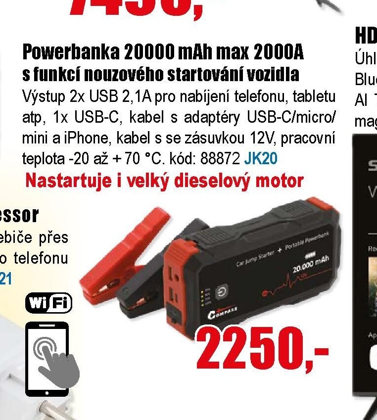 Powerbanka 20000 mAh max 2000A s funkcí nouzové startování vozidla