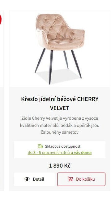 Křeslo jídelní béžové CHERRY VELVET