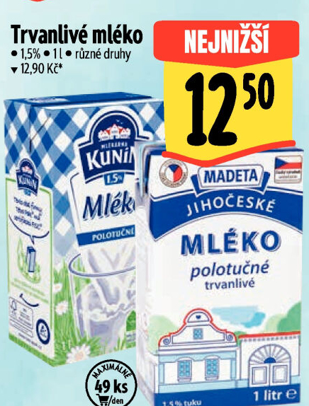 Mléko trvanlivé Mlékárna Kunín - 1,5% polotučné