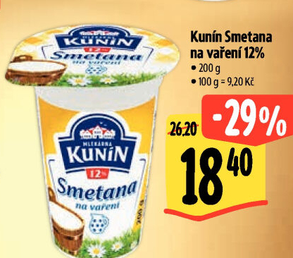Smetana na vaření Mlékárna Kunín 12%