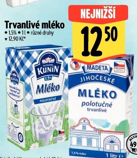 Mléko trvanlivé Mlékárna Kunín - 1,5% polotučné