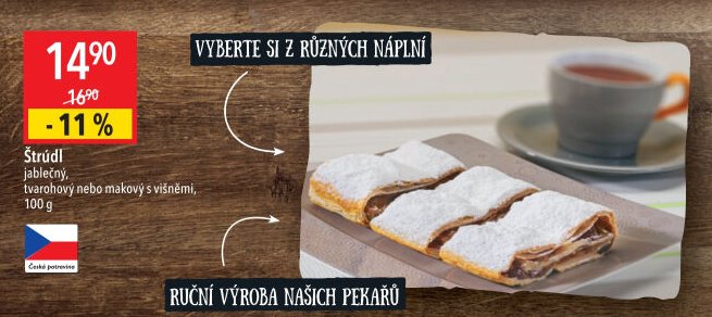 Štrúdl jablečný, tvarohový nebo makový s višněmi