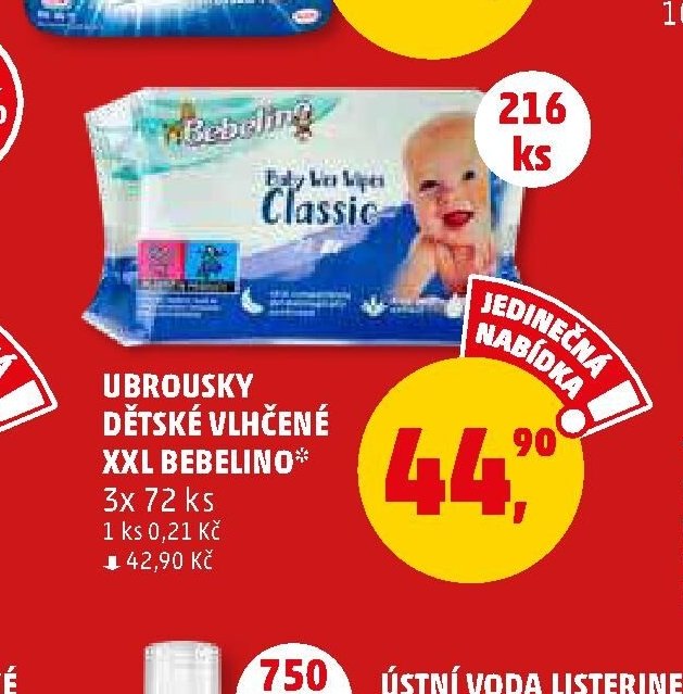 Ubrousky dětské vlhčené XXL Bebelino 3x 72 ks