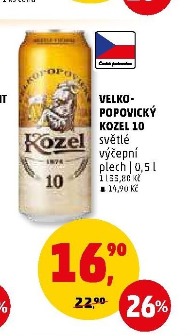 Velkopopovický Kozel 10 světlé výčepní plech 0,5 l