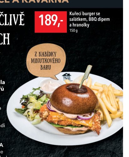 Kuřecí burger se salátkem, BBQ dipem a hranolky