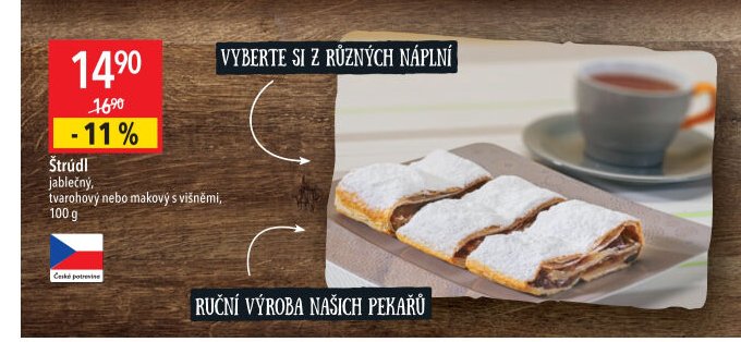 Štrúdl jablečný, tvarohový nebo makový s višněmi