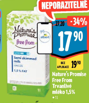 Mléko trvanlivé bez laktózy Free From Nature'