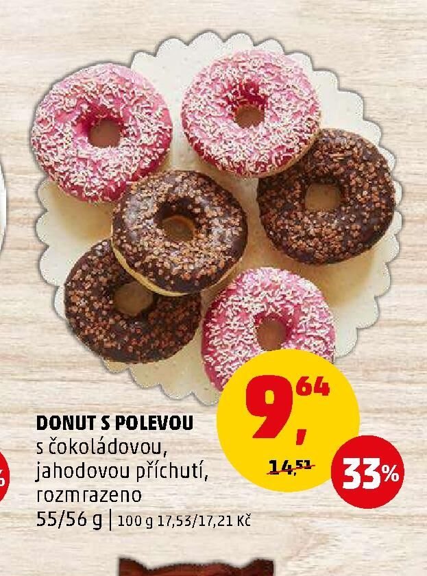 DONUT S POLEVOU s čokoládovou, jahodovou příchutí, rozmrazeno