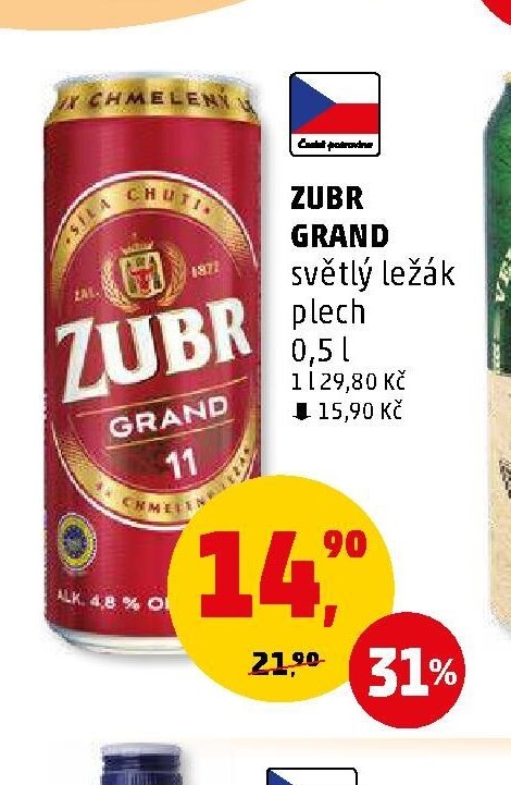 Zubr Grand světlý ležák plech 0,5 l