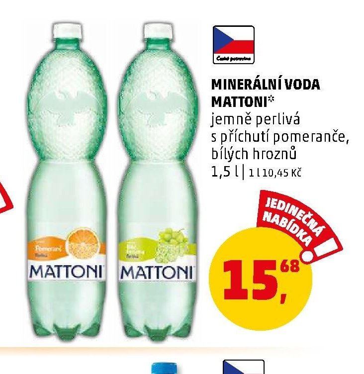 MINERÁLNÍ VODA MATTONI jemně perlivá s příchutí pomeranče, bílých hroznů 1,5 l