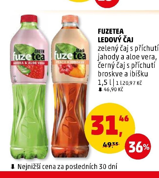 FUZETEA LEDOVÝ ČAJ zelený čaj s příchutí jahody a aloe vera, černý čaj s příchutí broskve a ibišku 1,5 l
