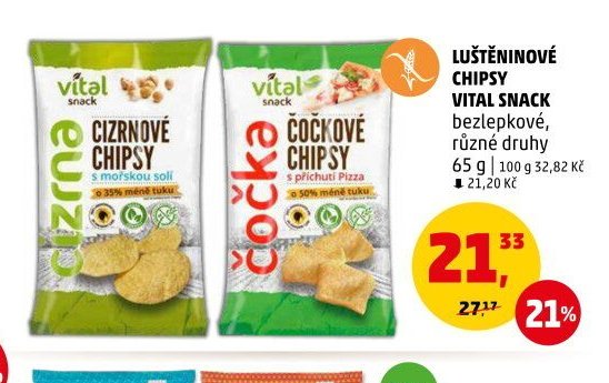 LUŠTĚNINOVÉ CHIPSY VITAL SNACK bezlepkové, různé druhy