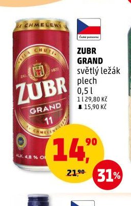 Zubr Grand světlý ležák plech 0,5 l