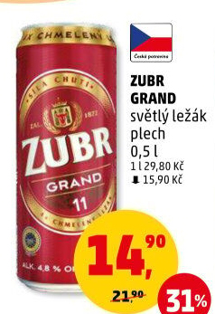 Pivo světlý ležák 11° Grand Pivovar Zubr