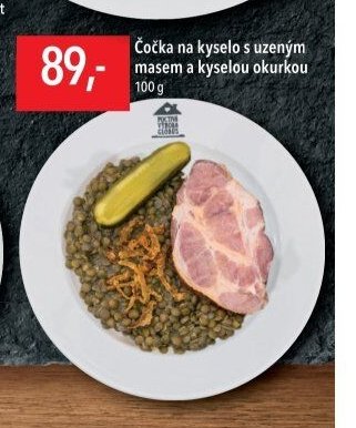 Čočka na kyselo s uzeným masem a kyselou okurkou