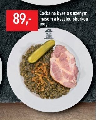 Čočka na kyselo s uzeným masem a kyselou okurkou