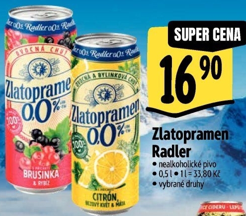 Nealkoholické pivo ochucené Radler Zlatopramen