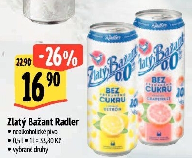 Nealkoholické pivo ochucené Radler Zlatý Bažant