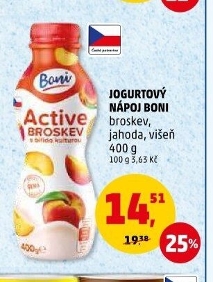 JOGURTOVÝ NÁPOJ BONI broskev, jahoda, višeň