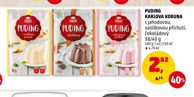 PUDING KARLOVA KORUNA s jahodovou, vanilkovou příchutí, čokoládový 38/40 g