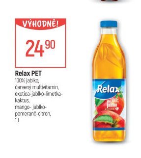 Relax PET 100% jablko, červený multivitamin, exotica-jablko-limetka-kaktus, mango-jablko-pomeranč-citron