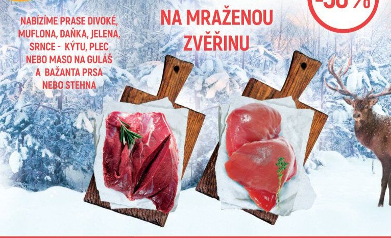 Prase divoké, muflon, daňka, jelena, srnce - kýtu, plec nebo maso na guláš a bažanta prsa nebo stehna