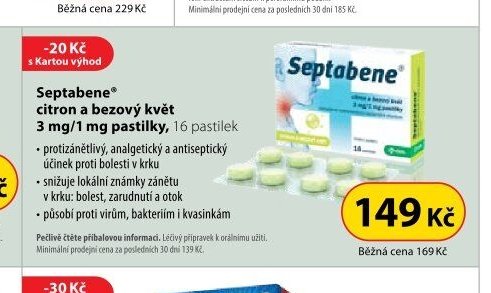 Septabene citron a bezový květ 3 mg/1 mg pastilky, 16 pastilek