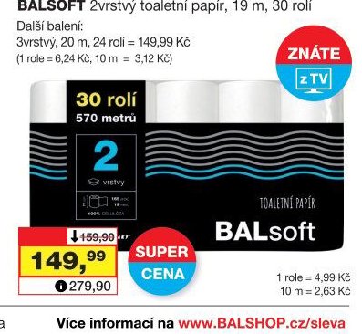 BALSOFT 2vrstvý toaletní papír, 19 m, 30 rolí