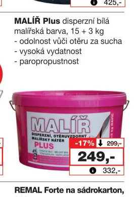 MALÍŘ Plus disperzní bílá malířská barva, 15 + 3 kg
