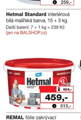 Hetmal Standard interiérová bílá malířská barva, 15 + 3 kg