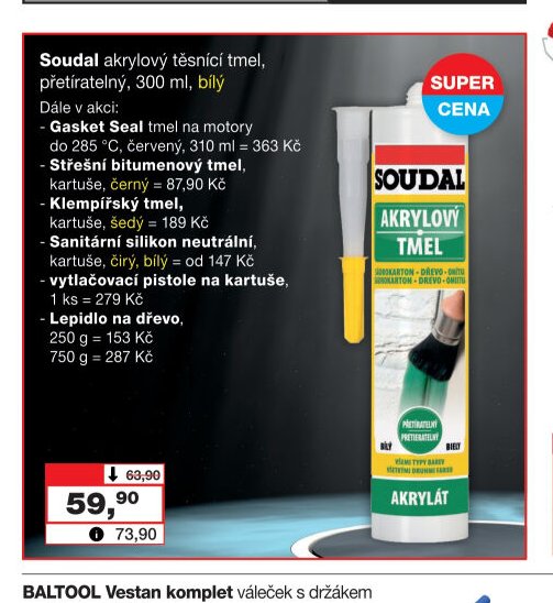Soudal akrylový těsnící tmel, přetíratelný, 300 ml, bílý