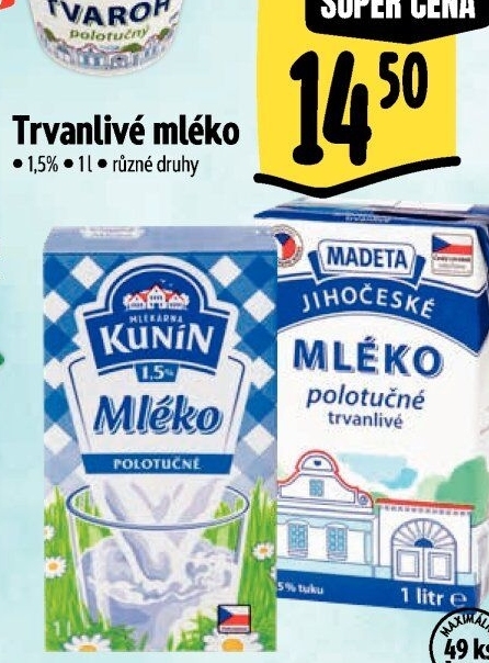 Mléko trvanlivé Mlékárna Kunín - 1,5% polotučné