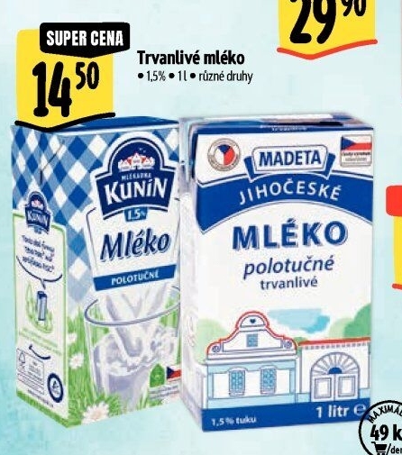 Mléko trvanlivé Mlékárna Kunín - 1,5% polotučné