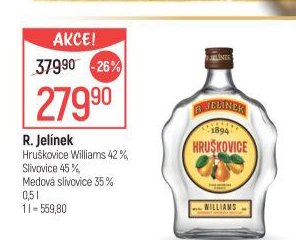 R. Jelínek Hruškovice Williams 42%, Slivovice 45%, Medová slivovice 35%