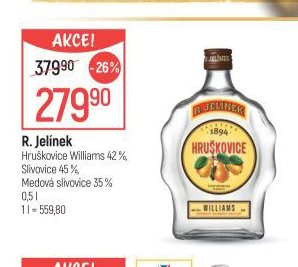 R. Jelínek Hruškovice Williams 42%, Slivovice 45%, Medová slivovice 35%