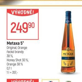 Metaxa 5*, Original, Orange, řecké brandy, Honey Shot 30%, Orange 38%